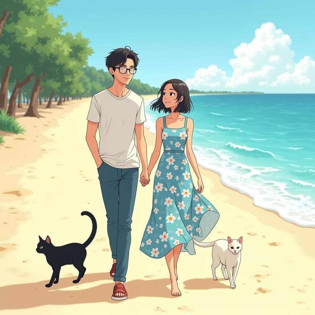 Idyllic Manga Scene: Couple on Beach with Cats