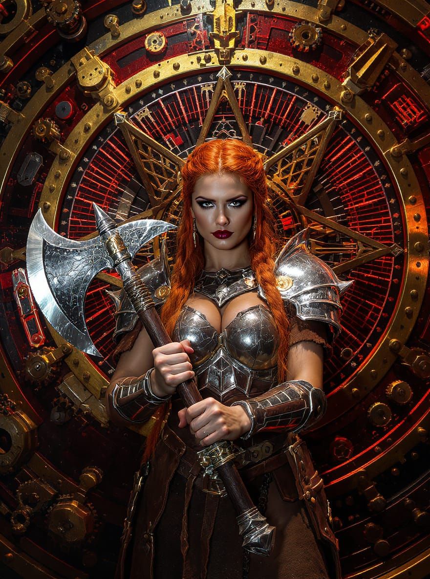 Viking Warrior Woman with Chrome Axe and Clockwork Wall
