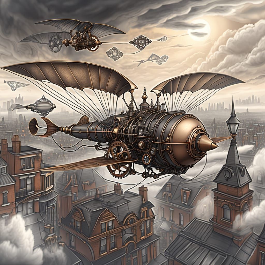 Steampunk Ornithopter Soaring Above Victorian City in Pencil...