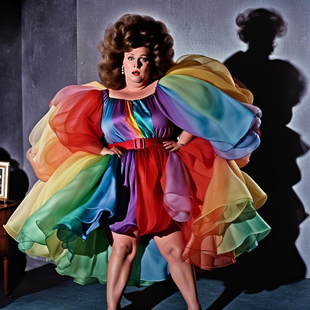#grimdark #film noir #detective #female #mature #BBW #Tall #satin #dress #tacky #sissy #puffy #rainbow #chiffon #long #...