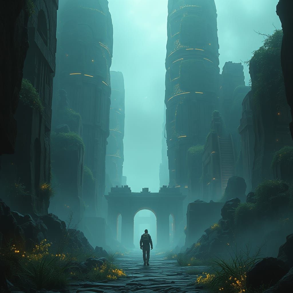 Explorer in Ruins of Ancient Alien Civilization