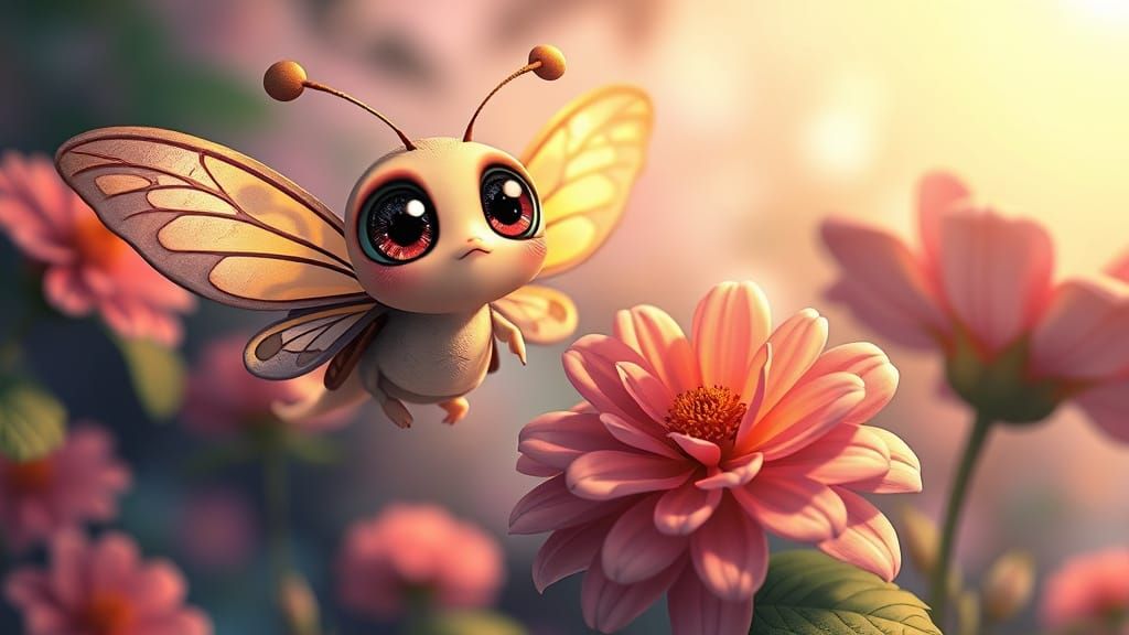 Confused Butterfly in Anime Style Flies Around Flower