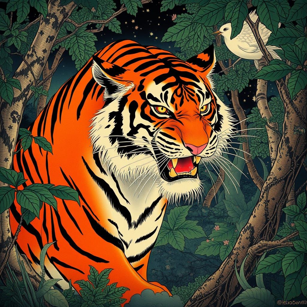 Majestic Tiger Illuminated in Nocturnal Forest