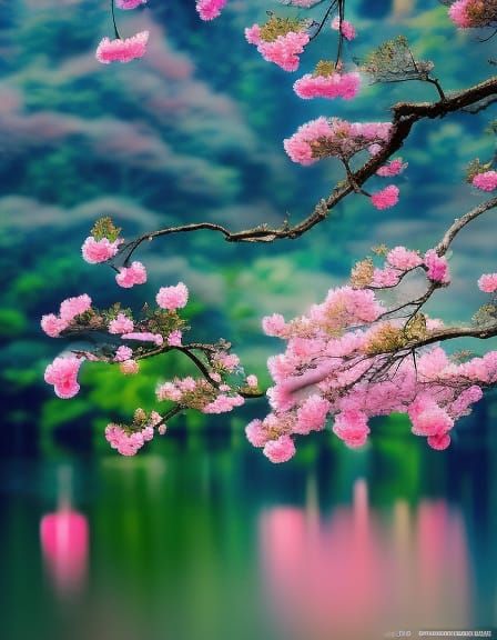 Kimono Ladies with Cherry Blossoms in Fractal Style