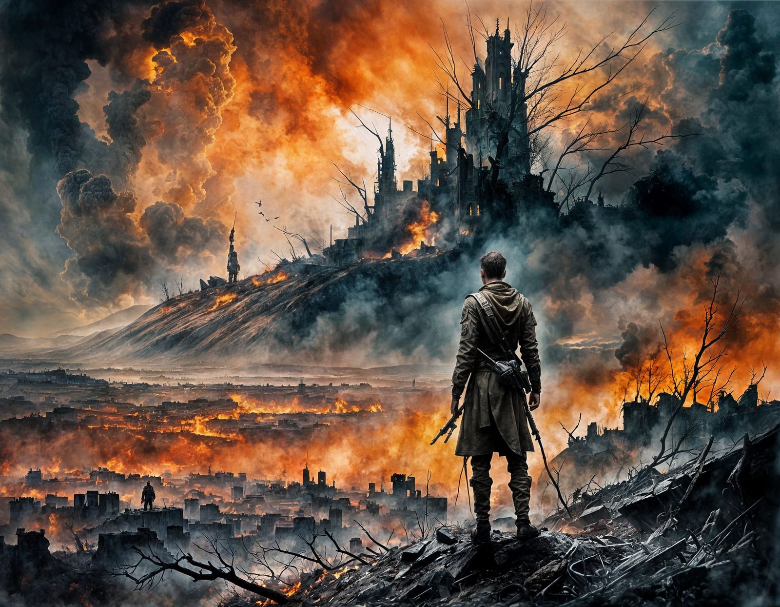 Future Soldier Overlooking Ruined City