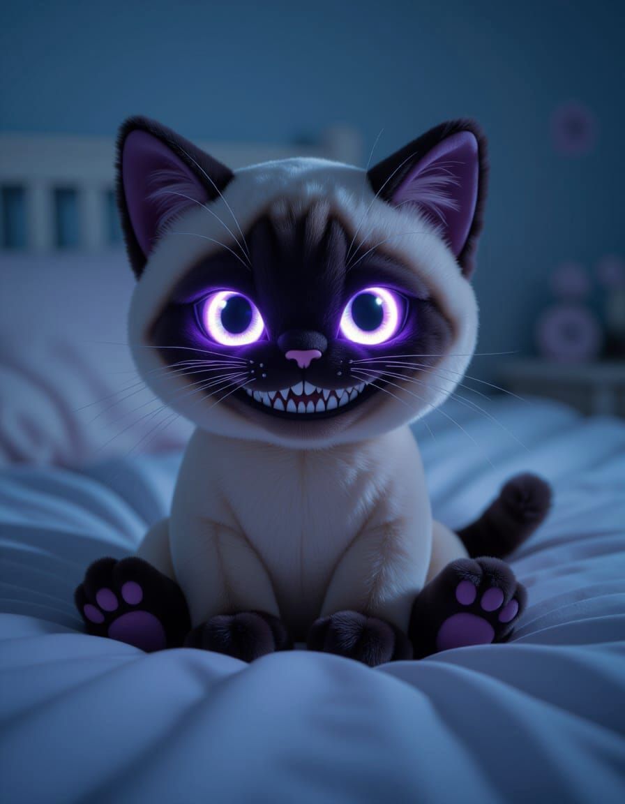 Eerie Siamese Cat Stuffed Animal with Glowing Eyes in Dark R...