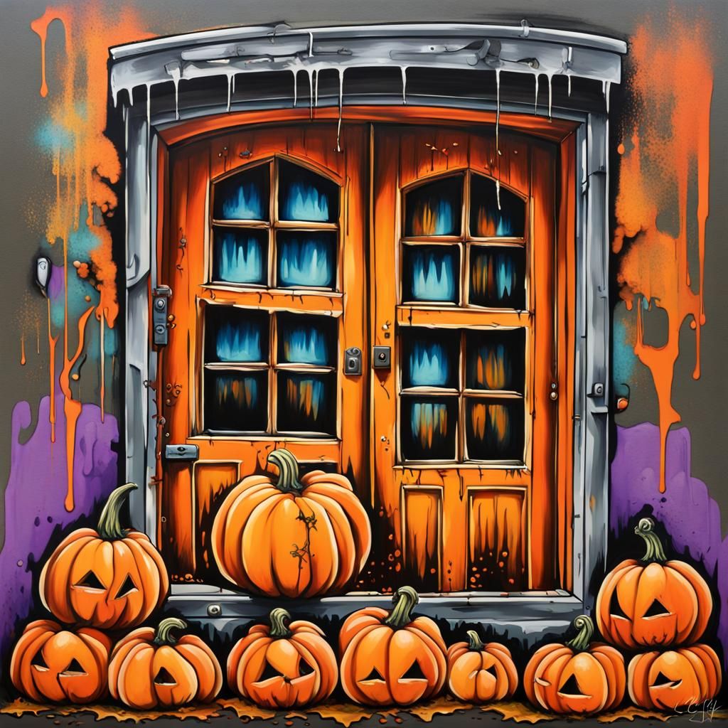 Metallic Graffiti Pumpkin House in Fall Scene