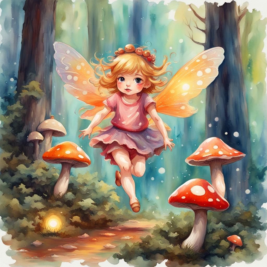 Chibi Fairy in Opalescent Forest: Gouache Watercolor Style