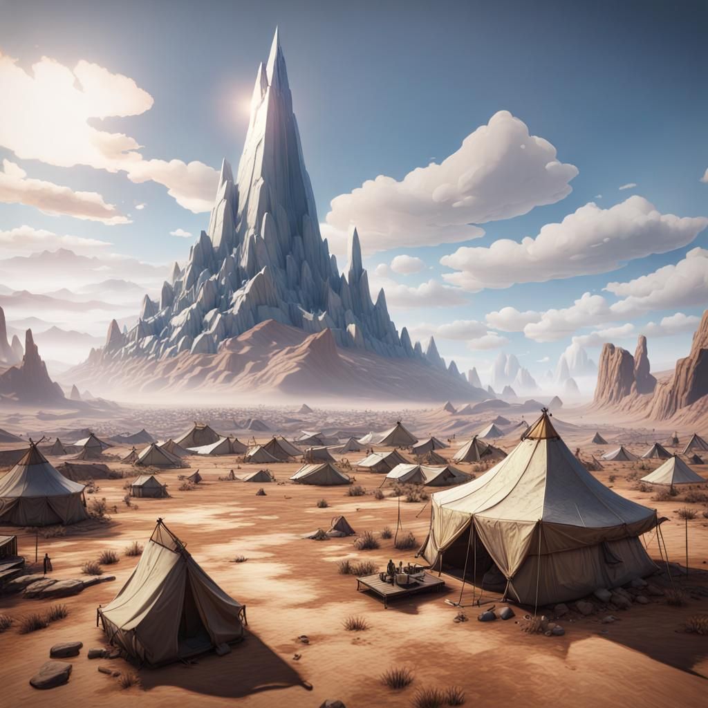 Floating Mountain Shard Over Barren Tent City