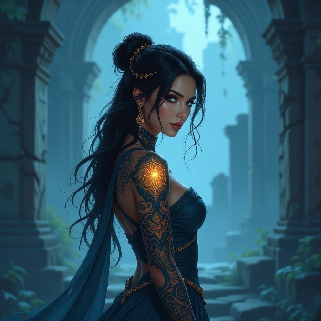 Mystical Woman in Ruins with Celestial Tattoos