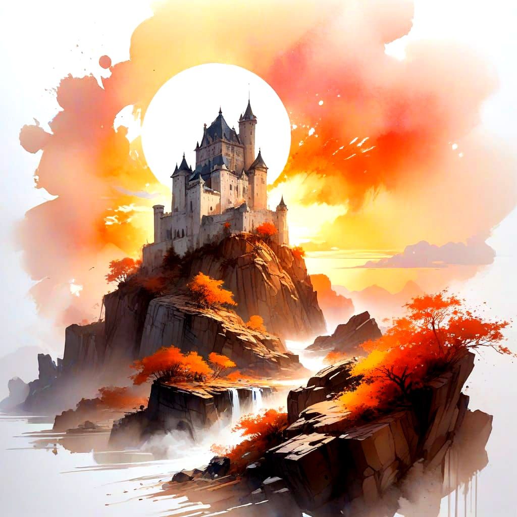 Ethereal Sunset Castle on Rocky Cliffside