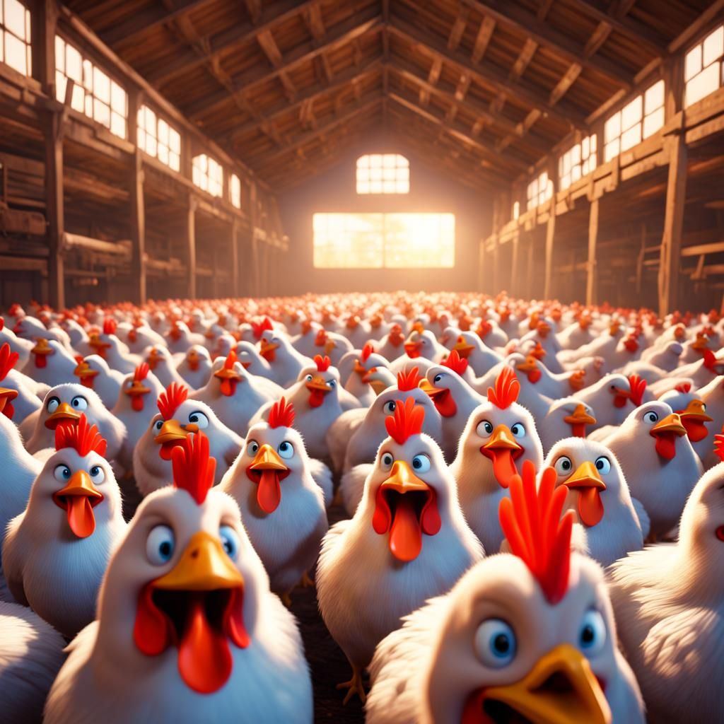 Thousands of Smiling Chickens in a Barn: 3D Digital Art
