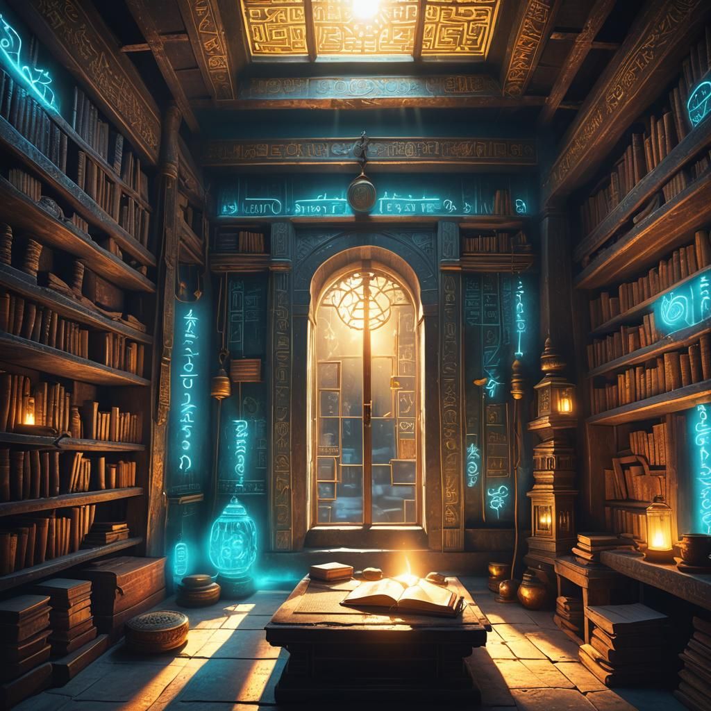 Ancient Chamber with Glowing Sanskrit Scriptures