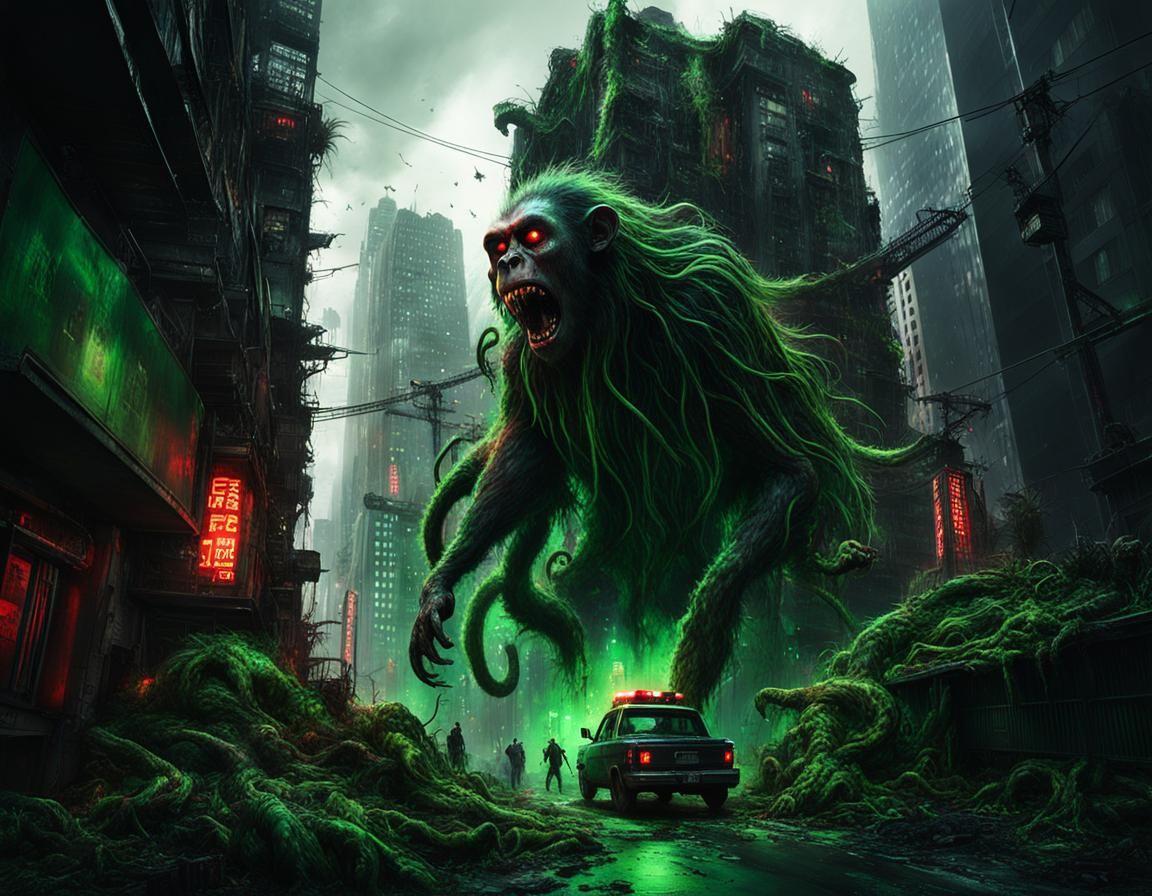 Macabre Cronenberg Body Horror Monster in Ruined City