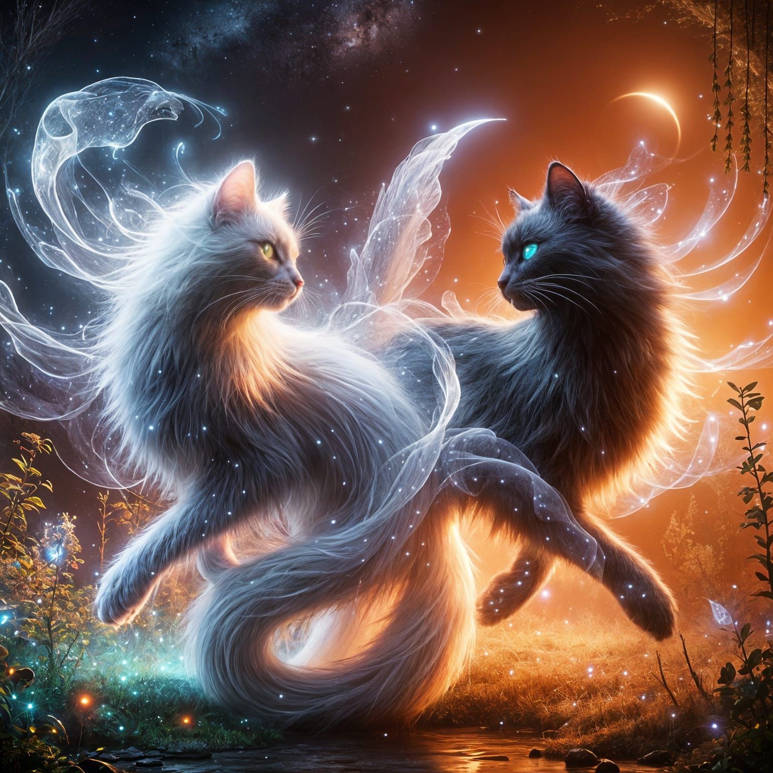 Ethereal Cats in Cosmic Dreamscape