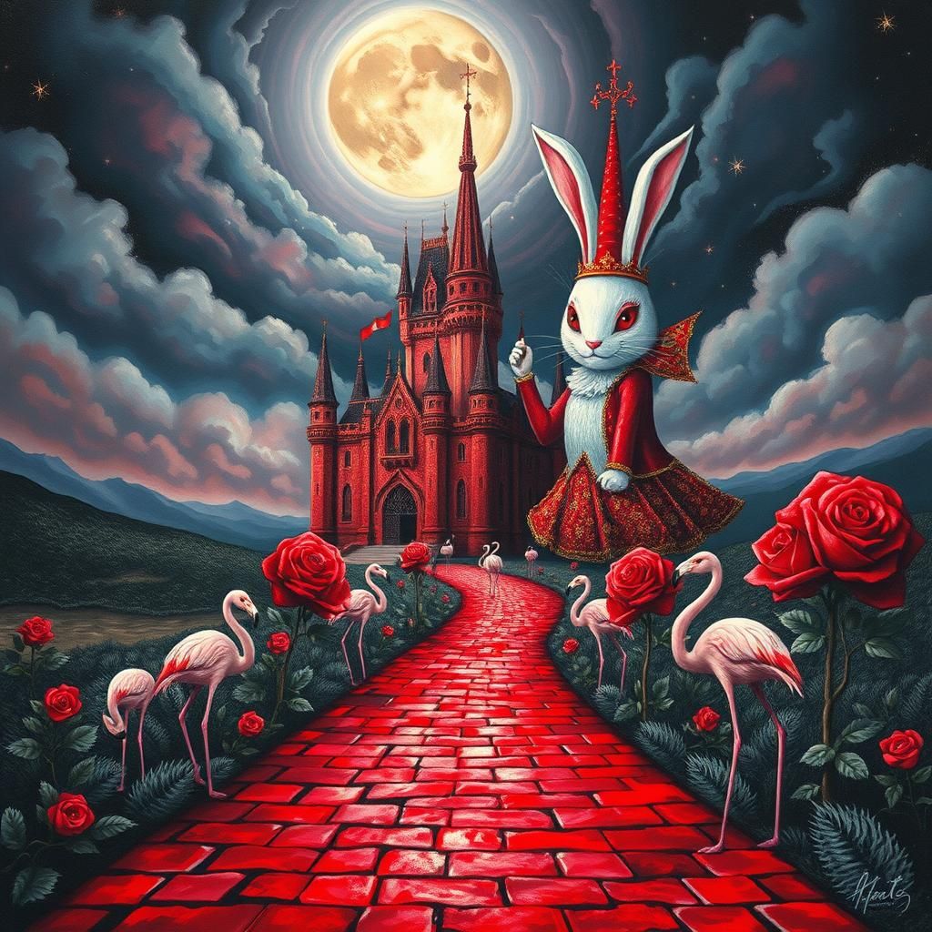 Whimsical Red and White Castle Under Stormy Skies in Dark Fa...