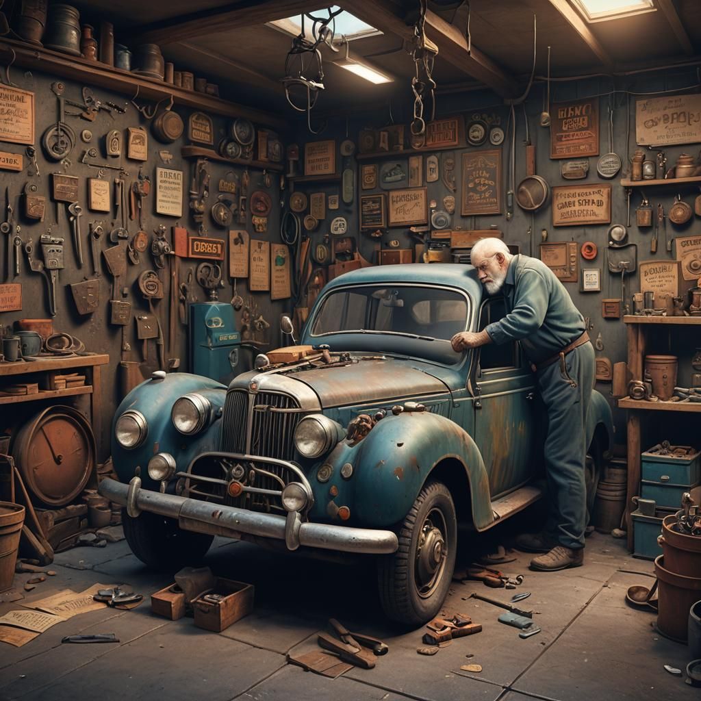 Vintage Car Repair: Detailed Matte Painting in Garage