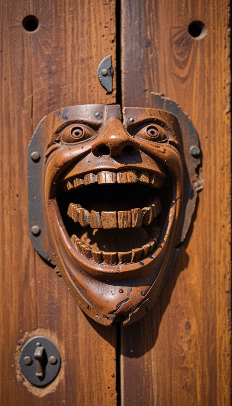 Weathered Metal Hinge Plate with Grimacing Face
