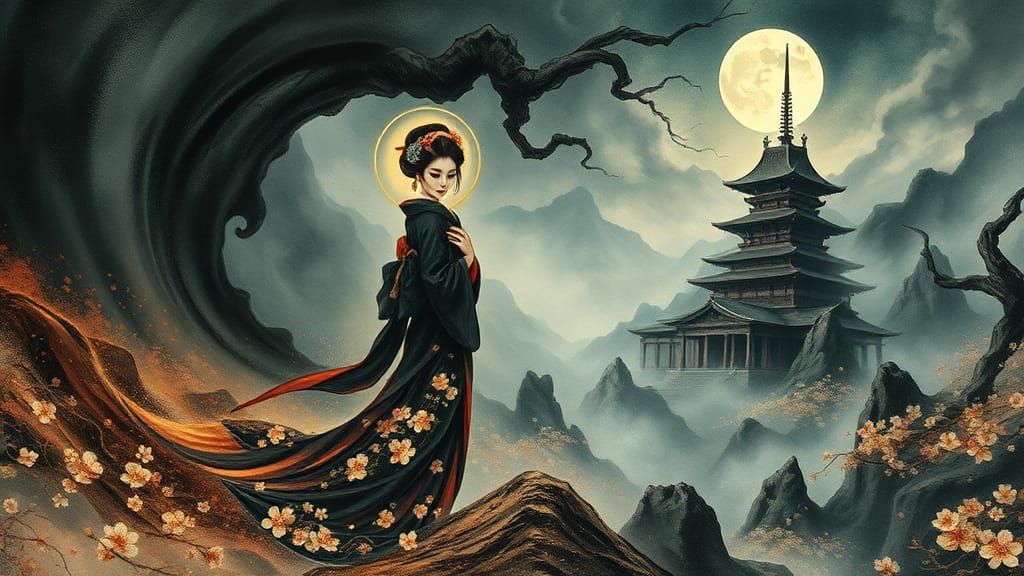 Geisha in Dystopian Art Deco Landscape