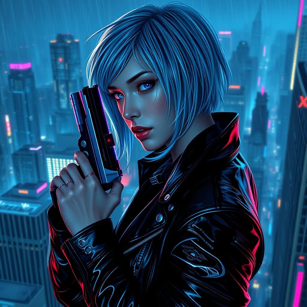 Young Woman Stands Tall in Cyberpunk Metropolis
