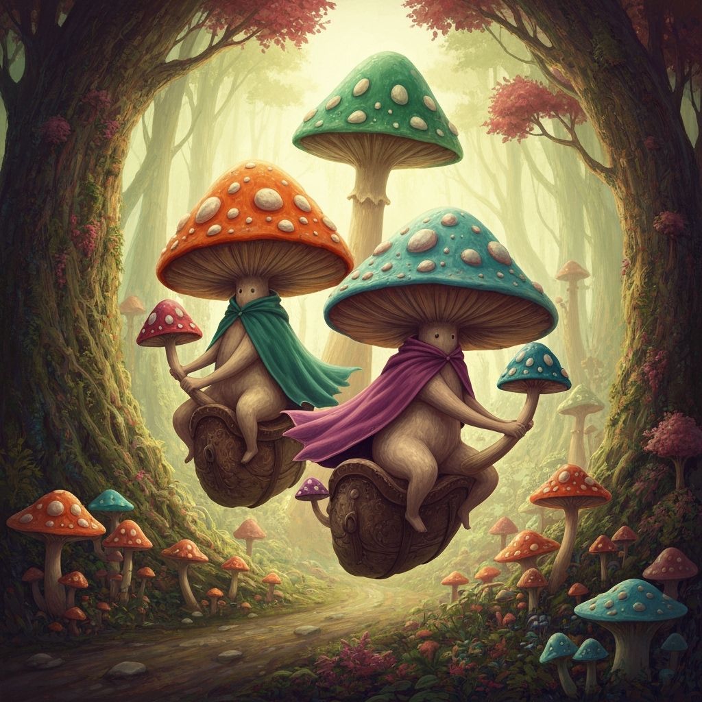Whimsical Mushrooms in Colorful Hooded Cloaks