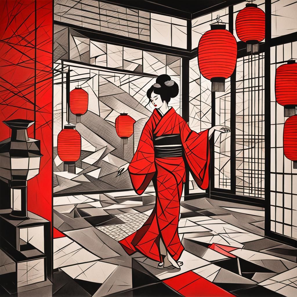 Geisha in Cubist Japanese Art Style