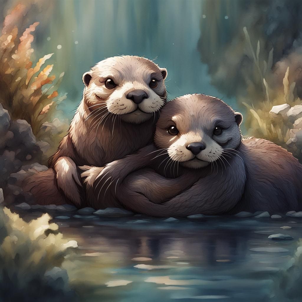 Watercolor Otter Snuggling with Friend: Detailed Painting