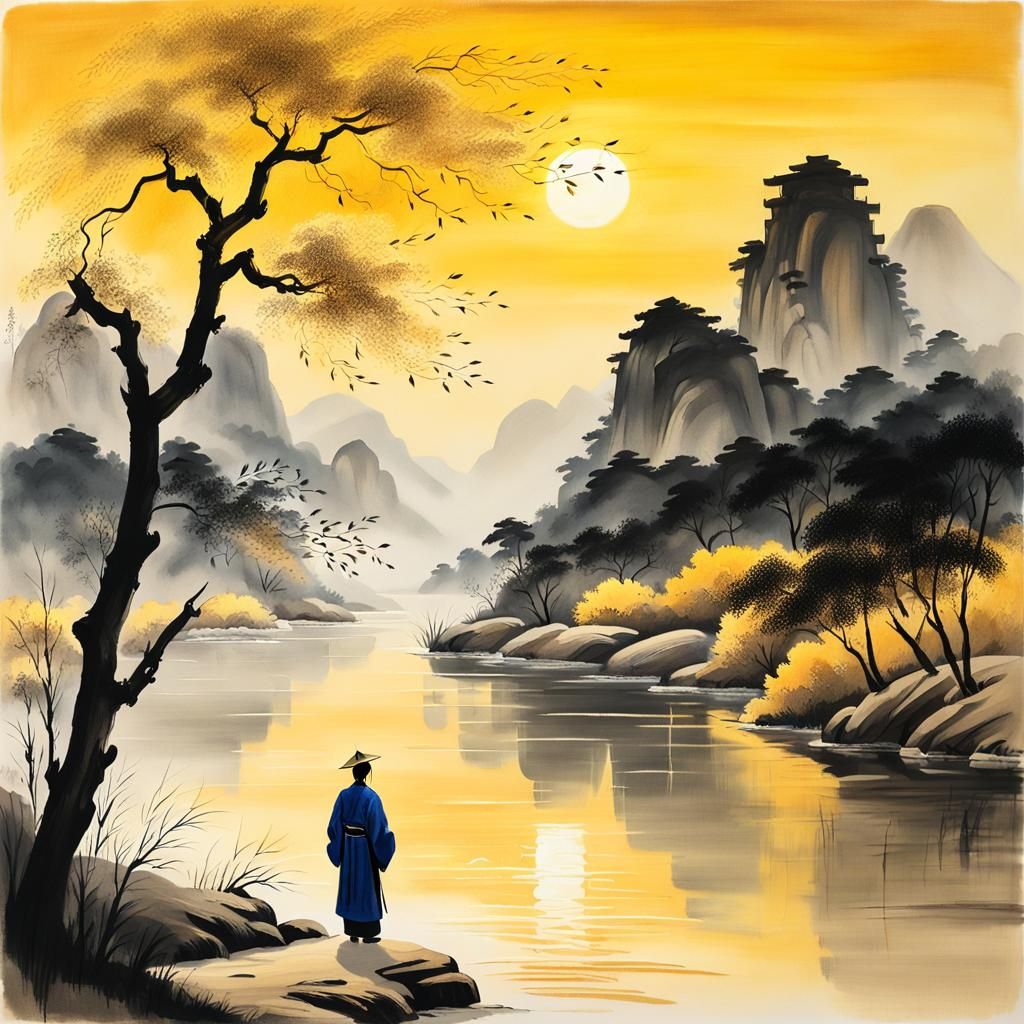 Romantic Chinese Landscape Painting at Sunset