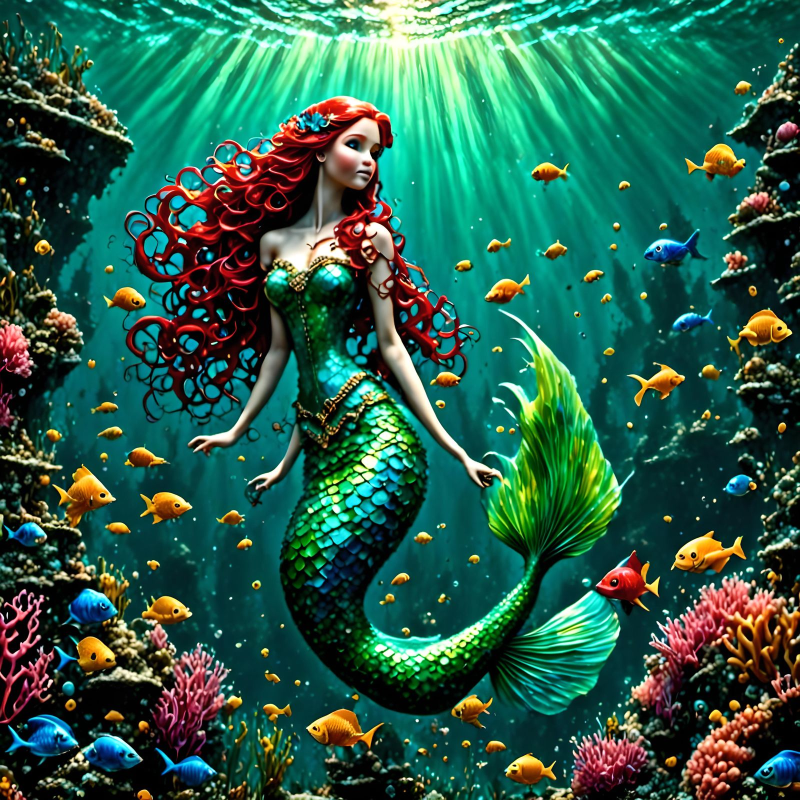 Vibrant Coral Reef with Mermaid in Hyperrealism