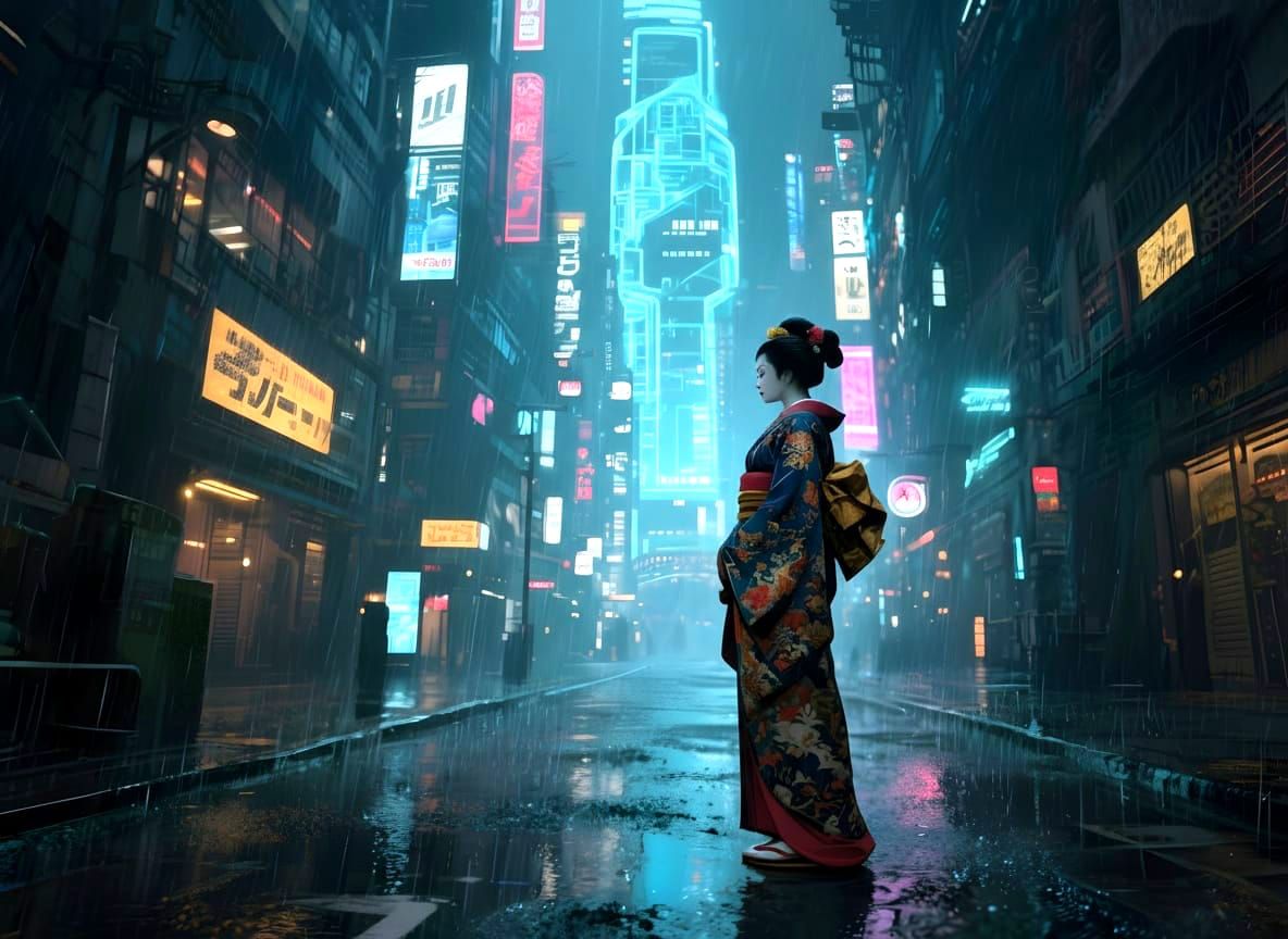 Geisha on Neon Street in Futuristic Tokyo