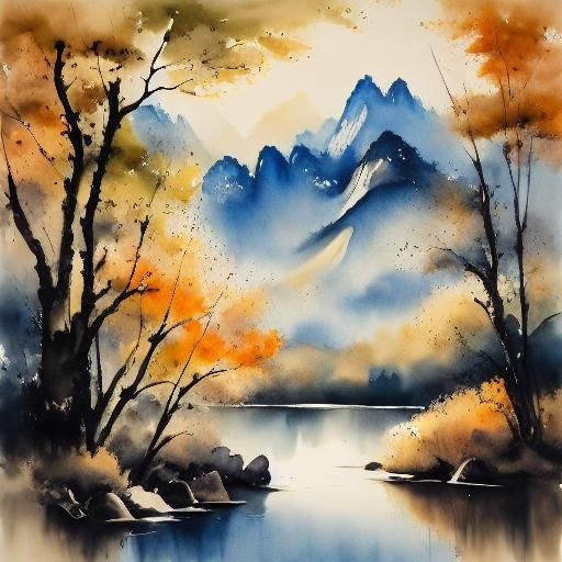 Watercolor Autumn Landscape With Golden Foliage