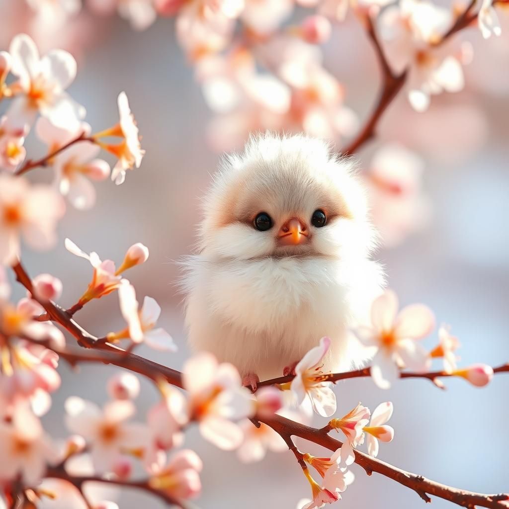 Fluffy Bird in Cherry Blossoms: Ethereal Pastel Art