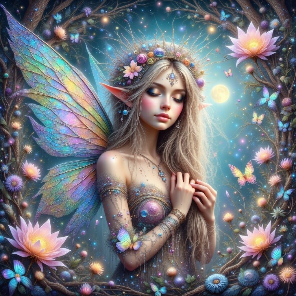 Ethereal Wish Fairy with Butterfly Wings in Moonlit Forest