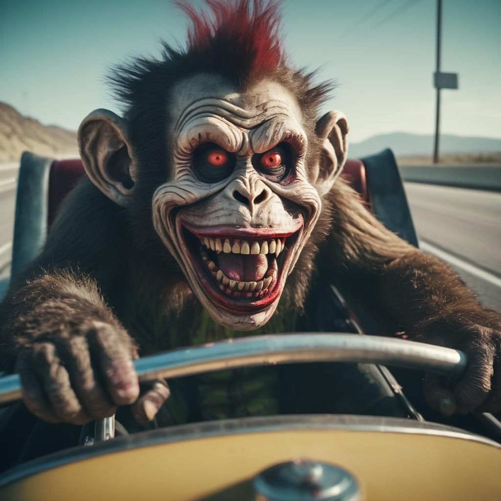 Zombie Monkey Clowns Speeding in Hot Rod