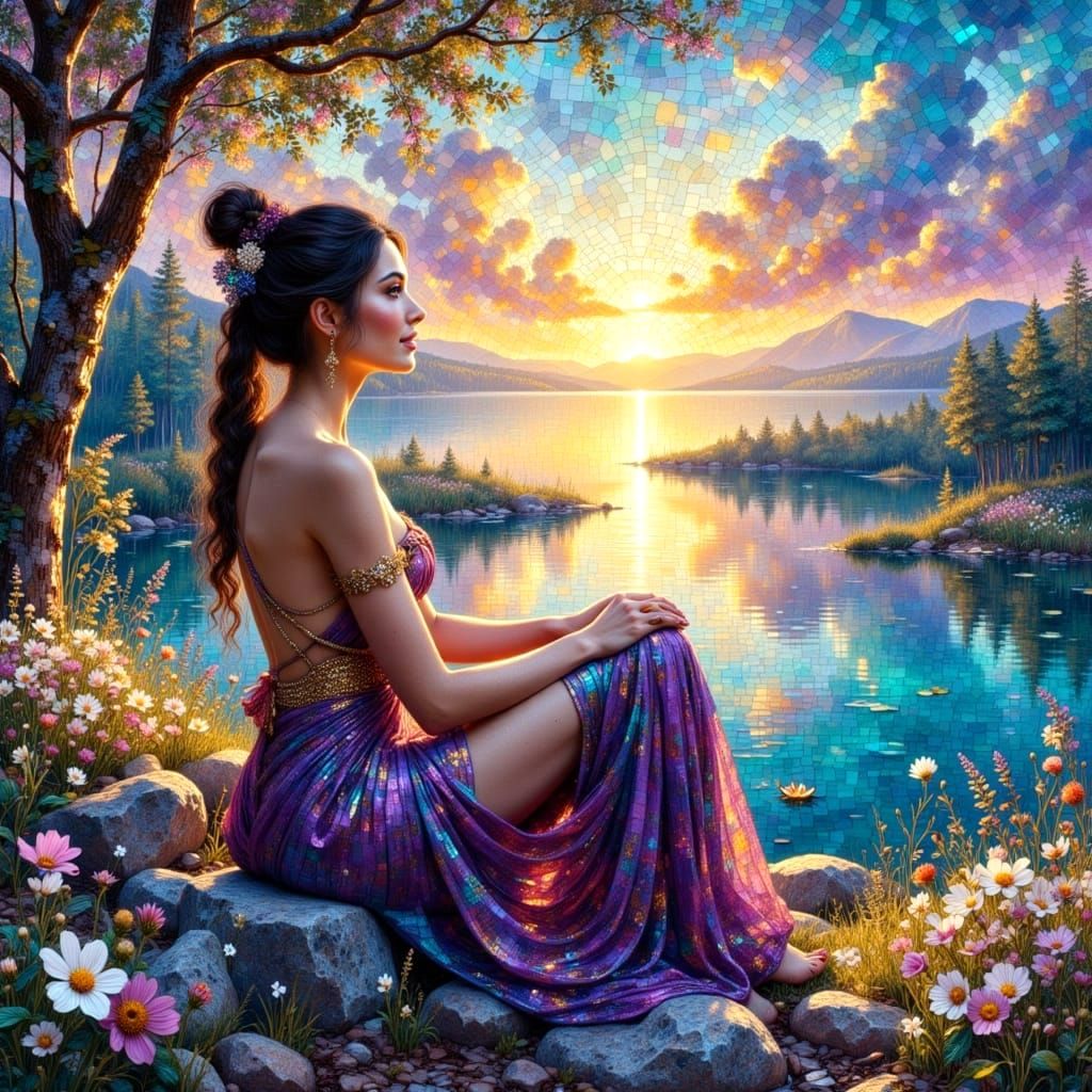 Ethereal Woman in Luminous Mosaic Art