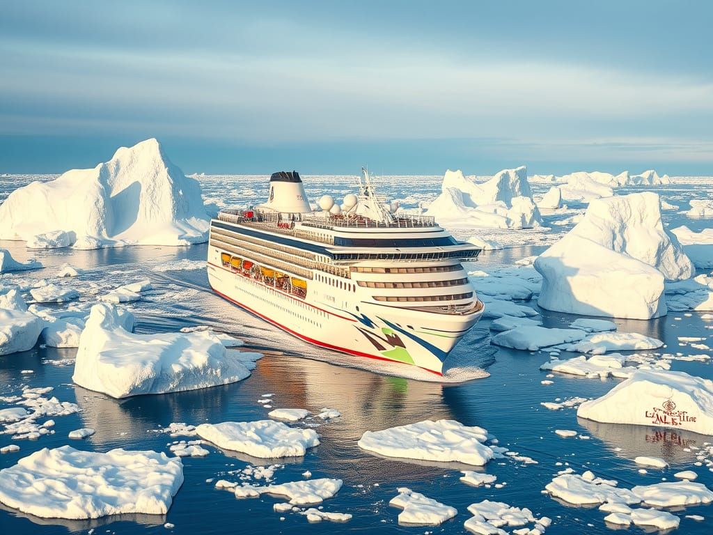 Alaskan Cruise Ship Navigating Icebergs in Winter