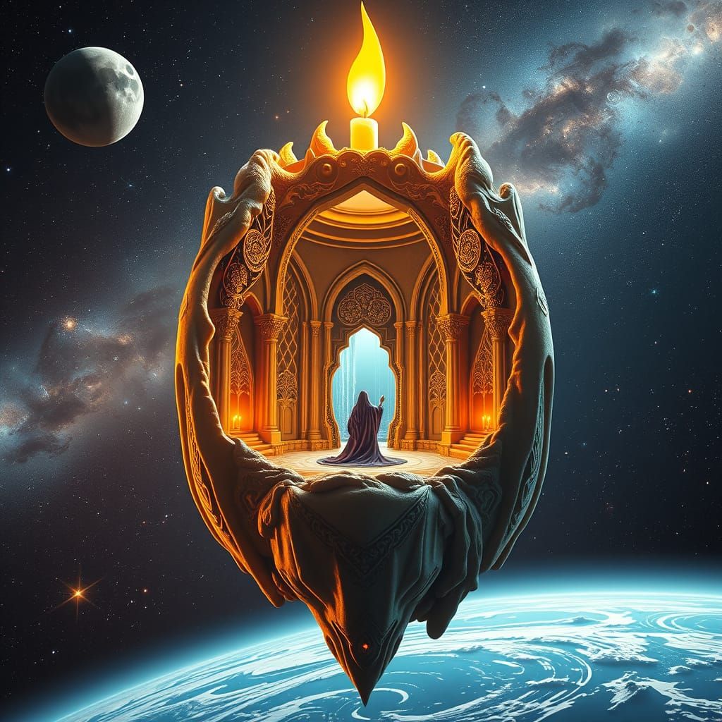 Floating Candle in Space with Witch, Hyper-Realistic Style