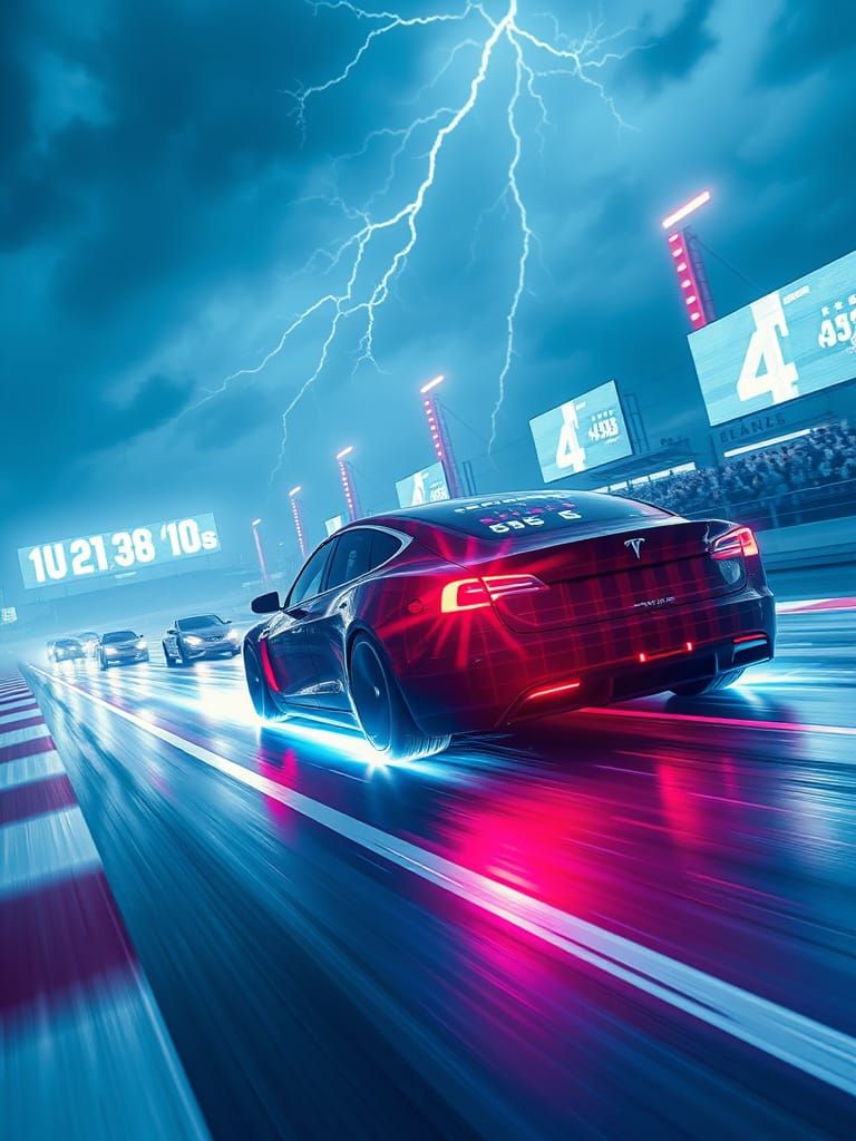 Futuristic Tesla Races on Cyberpunk Neon Track