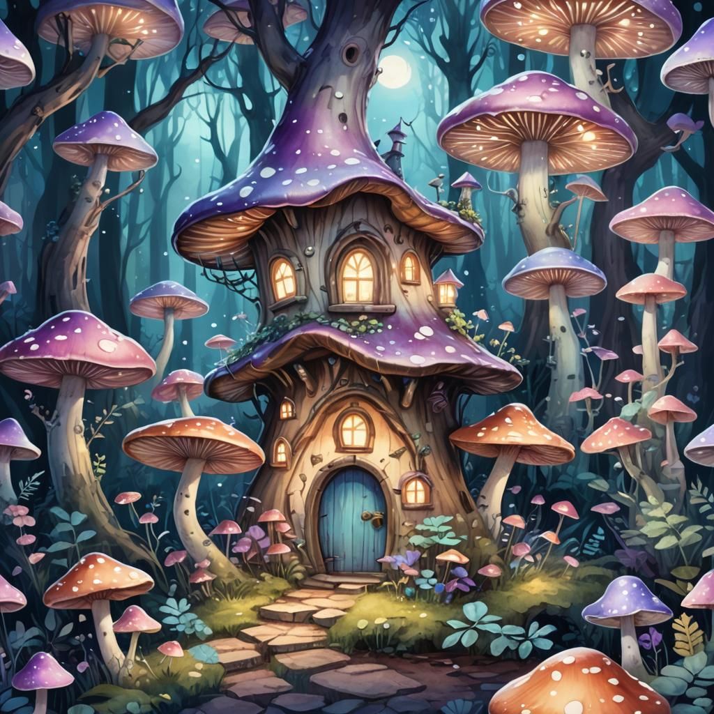 Enchanted Mushroom House in Bioluminescent Forest