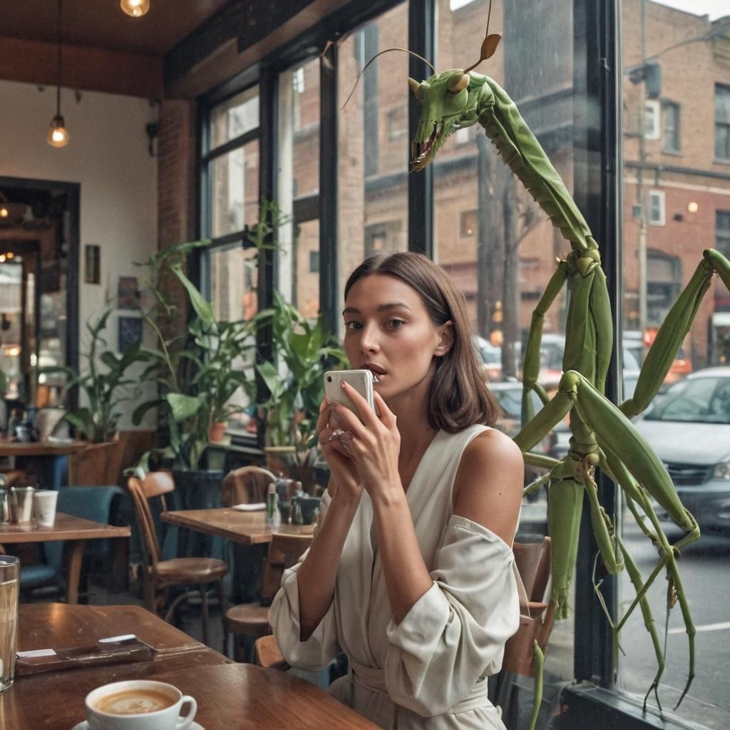Praying Mantis Photobombs Selfie in Coffee Shop