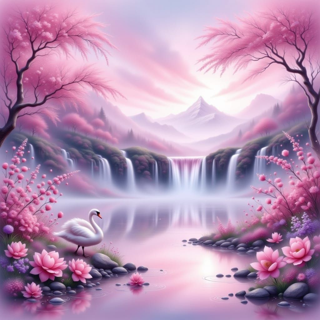 Misty Pink Waterfall with Swan in Whimsical Folk Art Style