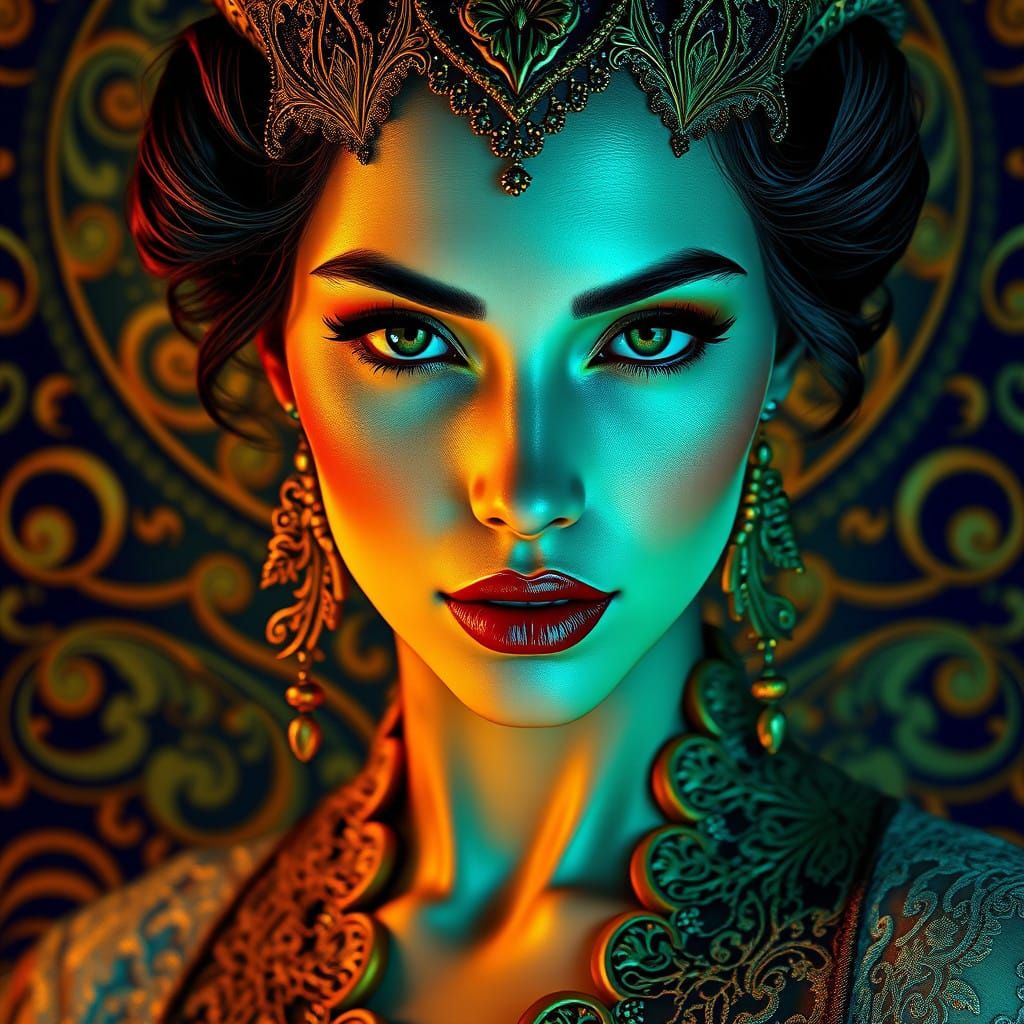 Confident Art Nouveau Goddess Radiates with Vibrant Luxury