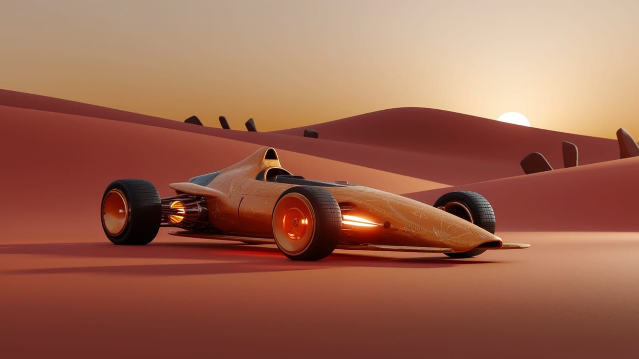 Futuristic Aardvark Racing Vehicle in Sunset Desert