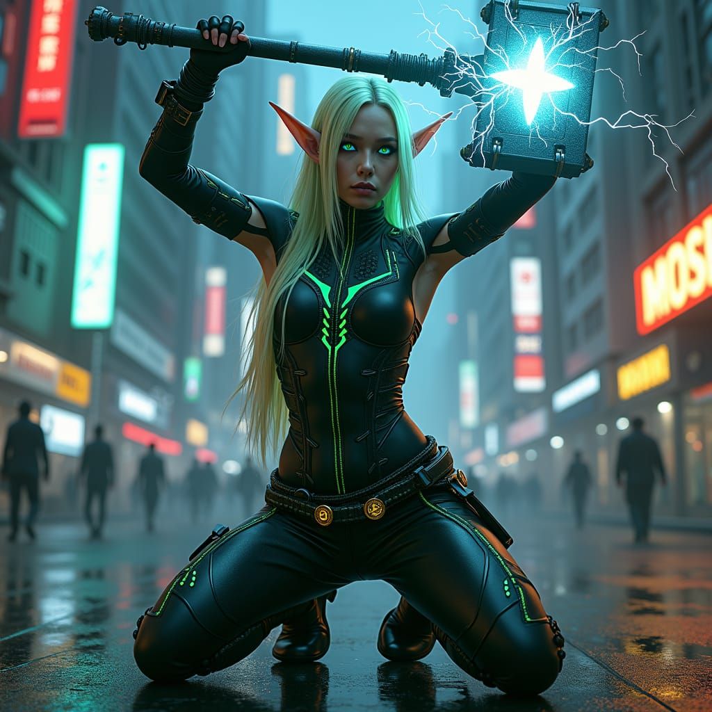 Cyberpunk Elf Ronin Channels Lightning Power