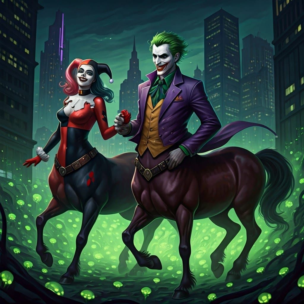 Harley Quinn and Joker as Centaurs in Glowing Field