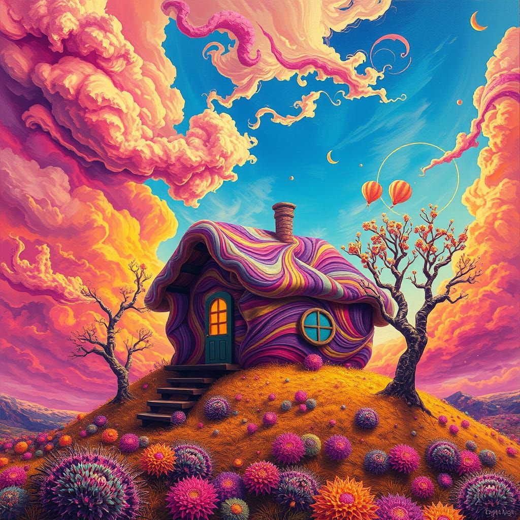Vibrant Whimsical Cabin Amidst Iridescent Sky