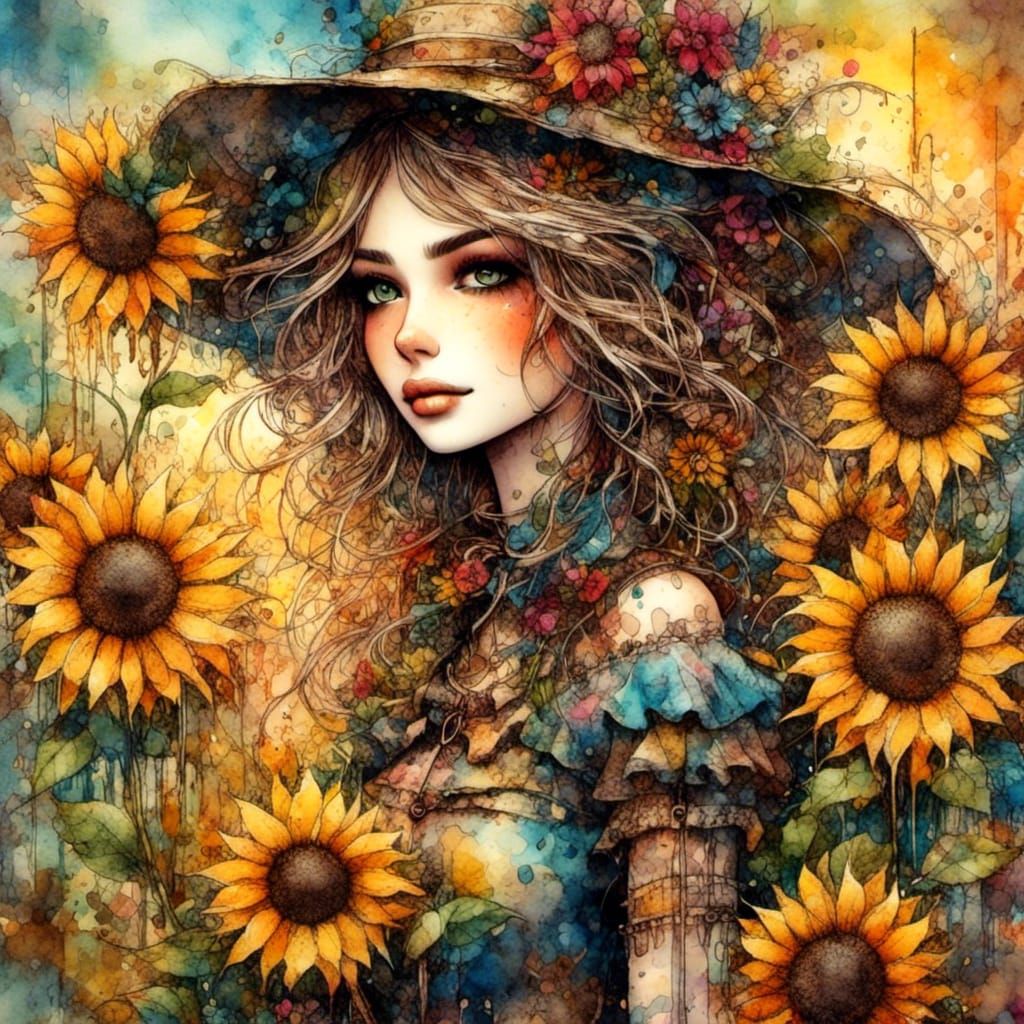 Steampunk Scarecrow with Sunflowers in Vintage Illustration