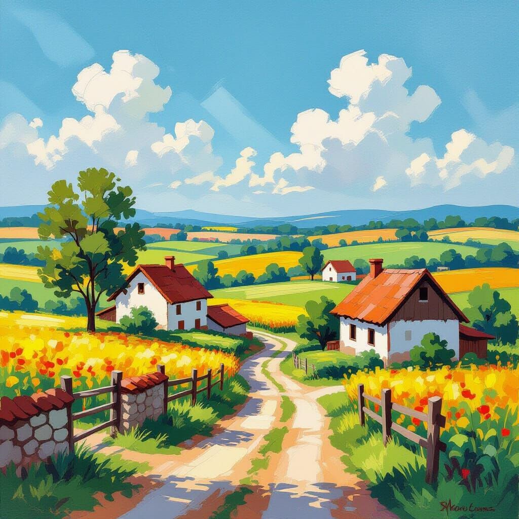 Gouache Painting of Serene Village with Greenlands