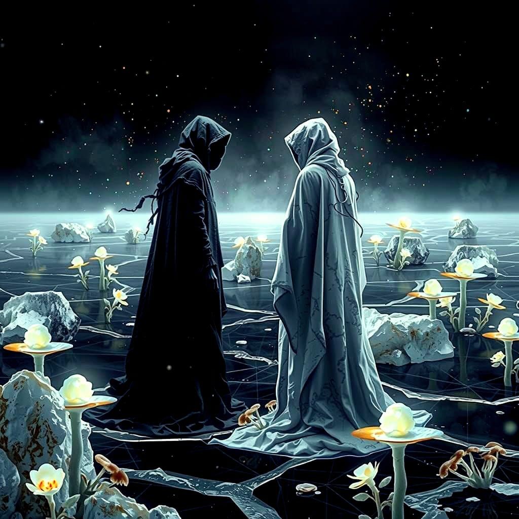 Shadowy Figures on Black Ice: A Surreal Dreamscape