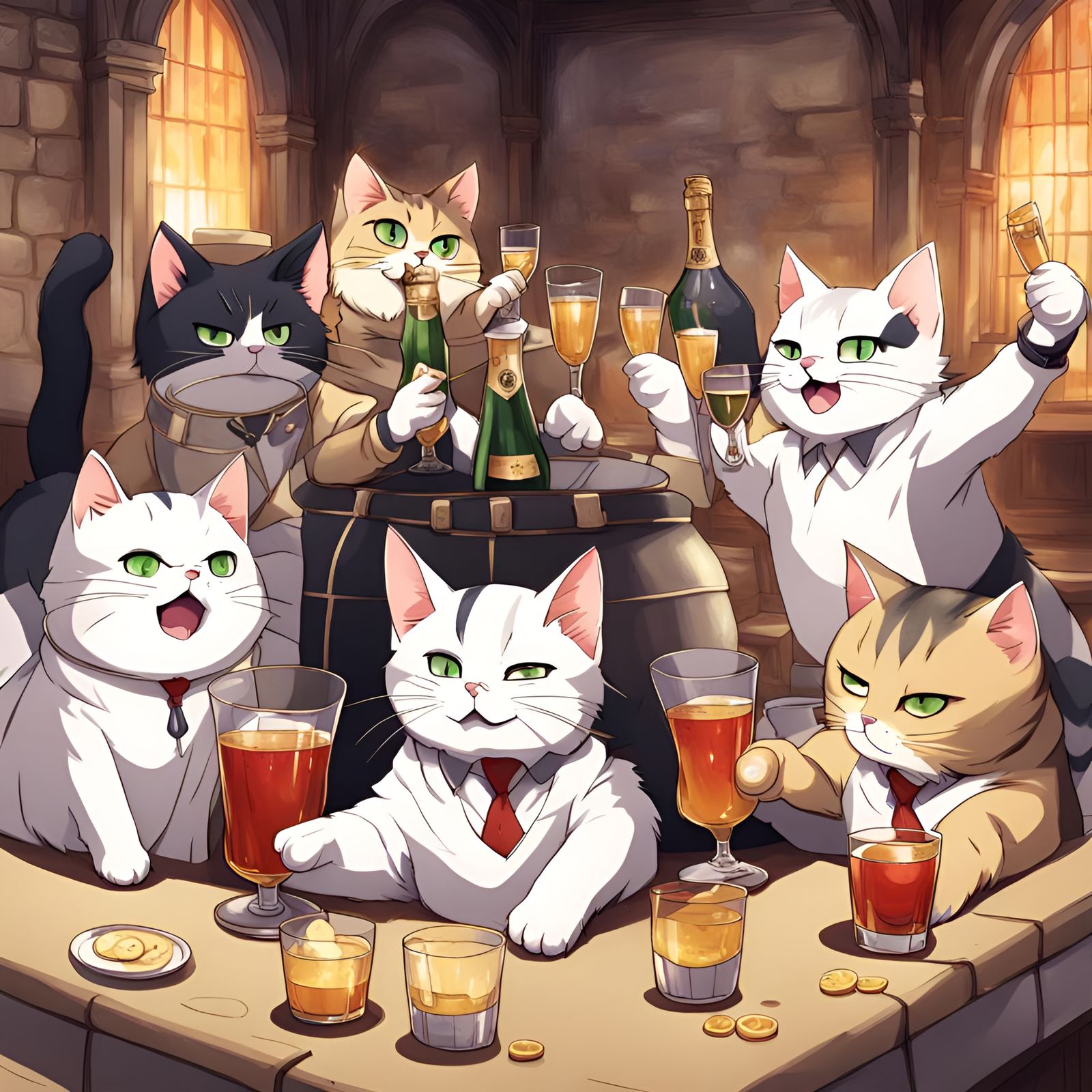 Drunken Cats at Castle Party in Anime Style